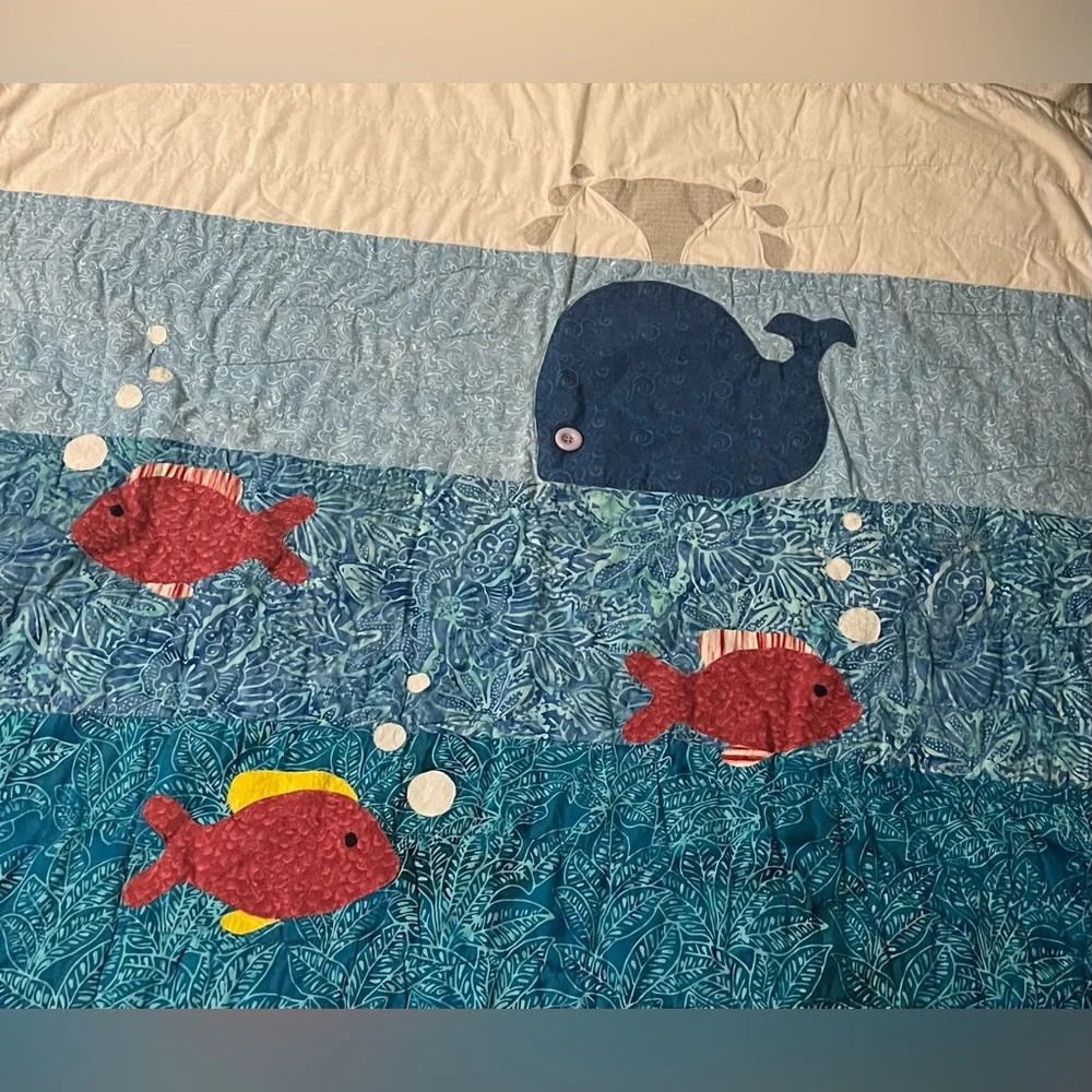 Handmade Quilt Baby Crib Blanket Appliqué Fish Whale Sea Nursery Wall hanging